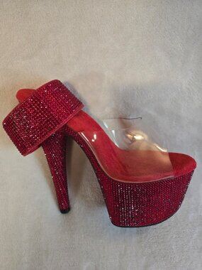 Pleaser Bejeweled 712RS Red Rhinestone Platform Heels Size 8 Sexy Clear Strap Cl